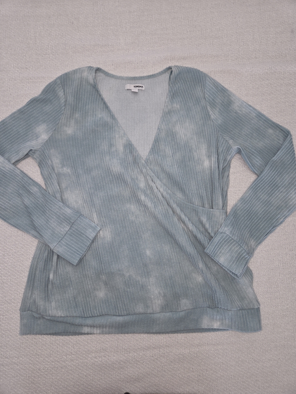 Sonoma Dusty Blue Tie-Dye Ribbed V-Neck Wrap Sweater